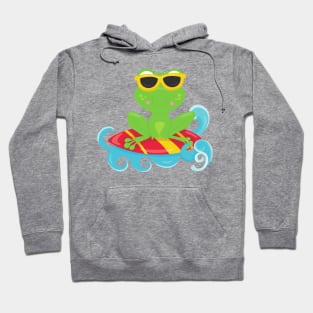 Cute Frog, Green Frog, Little Frog, Surfing Board Hoodie